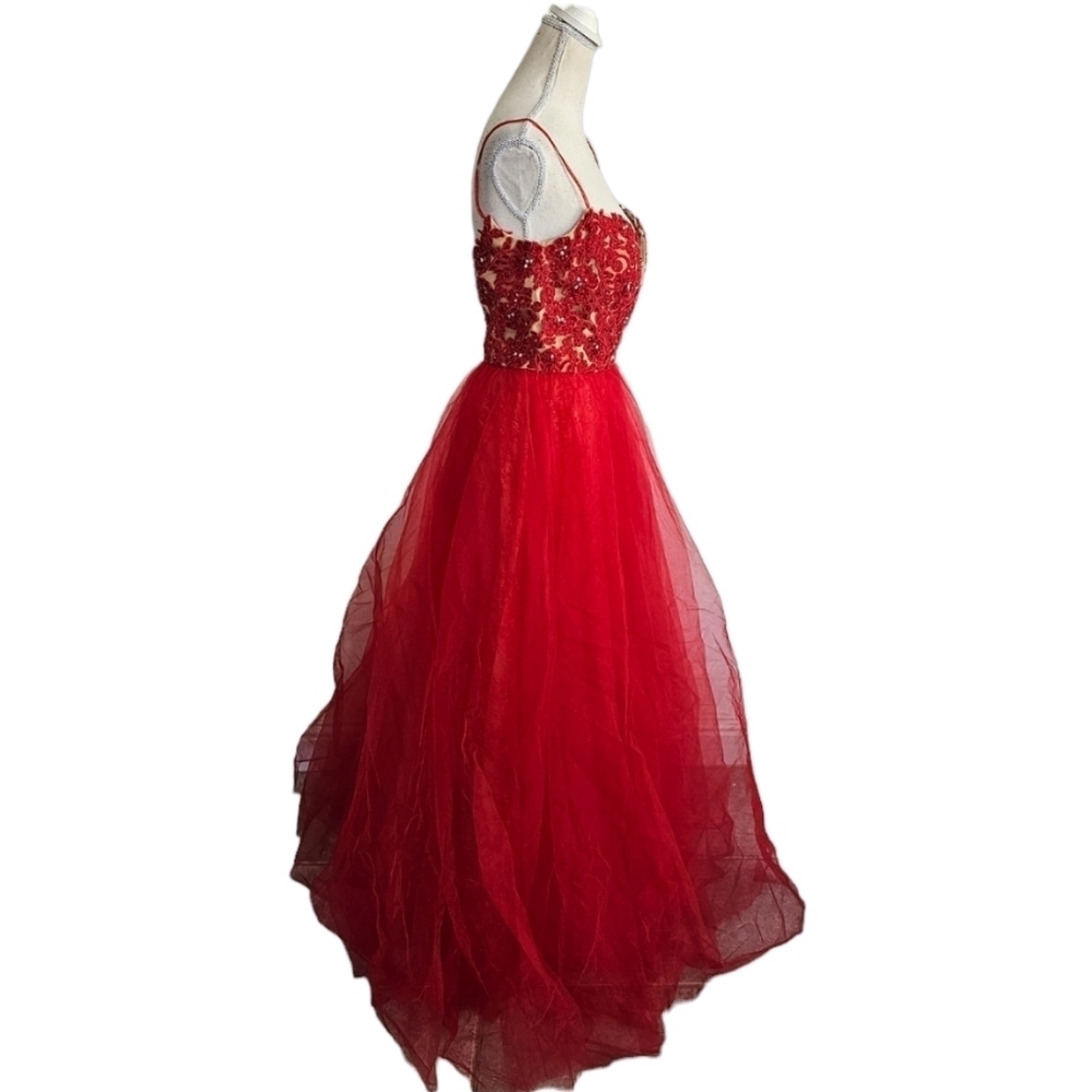 Sherri Hill Red & Nude Tulle Lace Maxi Dress - Picture 6 of 16